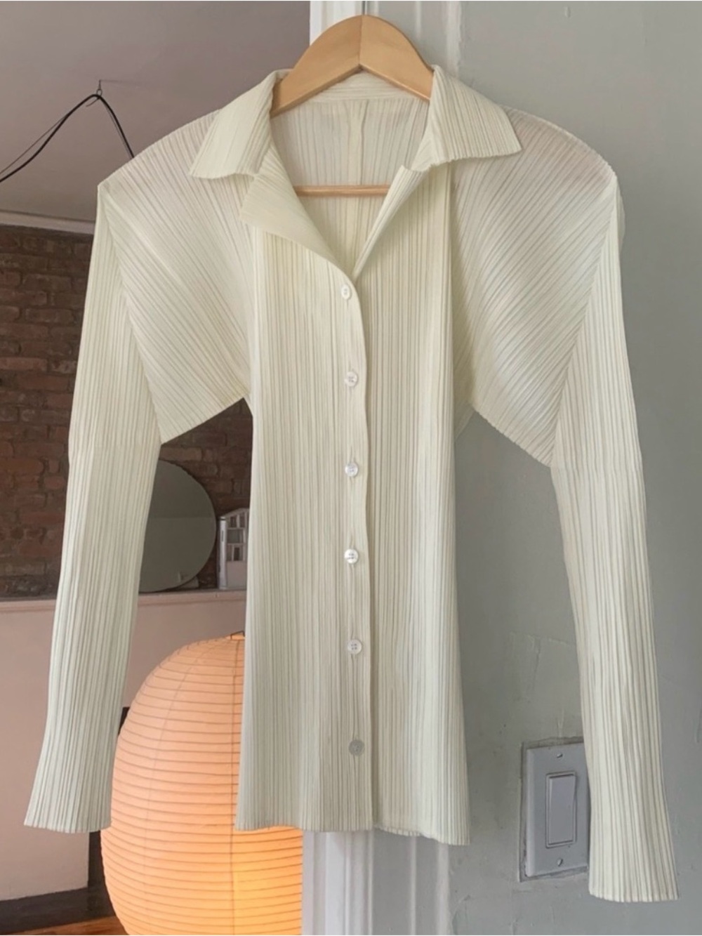 Issey Miyake Pleats Please Button Up in Ivory White